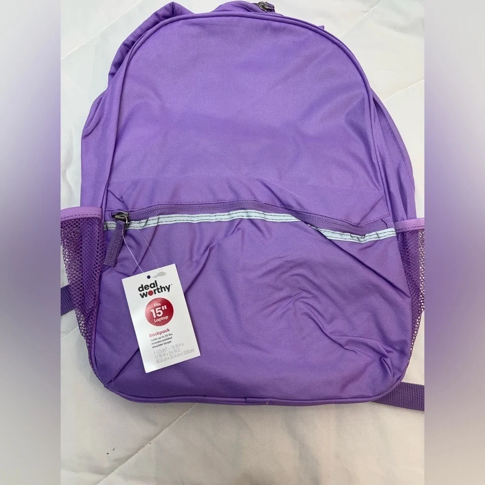NWT Purple Backpack with Mesh Pockets Holds 15” laptop